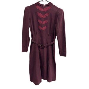 Burgundy Long Sleeve Sweater Dress With Embroidered Leaves and Belt